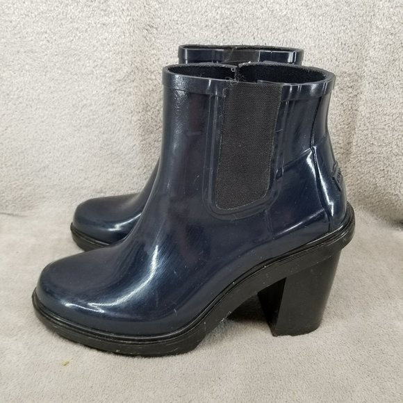 Hunter Shoes Womens Size 8 Navy Blue Block Heel Waterproof Rain Chelsea Boots - Picture 1 of 14